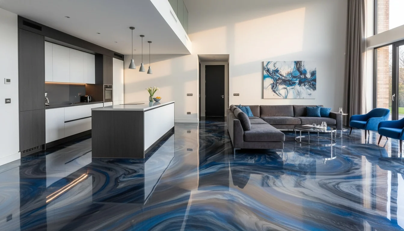 Anti-slip flake epoxy floor finish for a commercial space