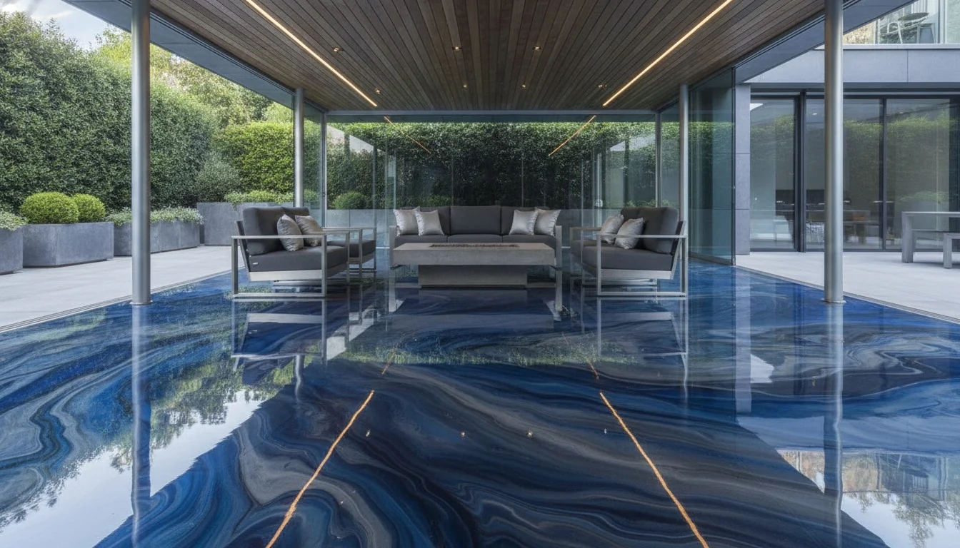 Deep black mirror-gloss epoxy floor finish example